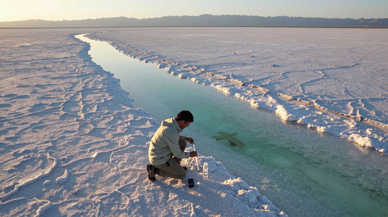 Pessoa coletando amostras em canal raso de água em paisagem extensa e branca parecida com salinas.