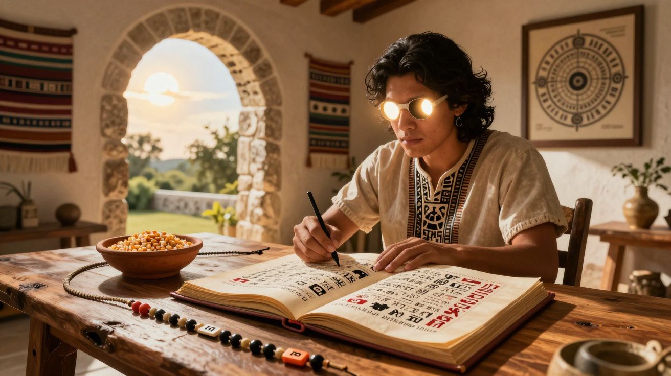 Jovem com óculos reflete em livro antigo com símbolos, sentado em mesa de madeira em ambiente rústico ao pôr do sol.