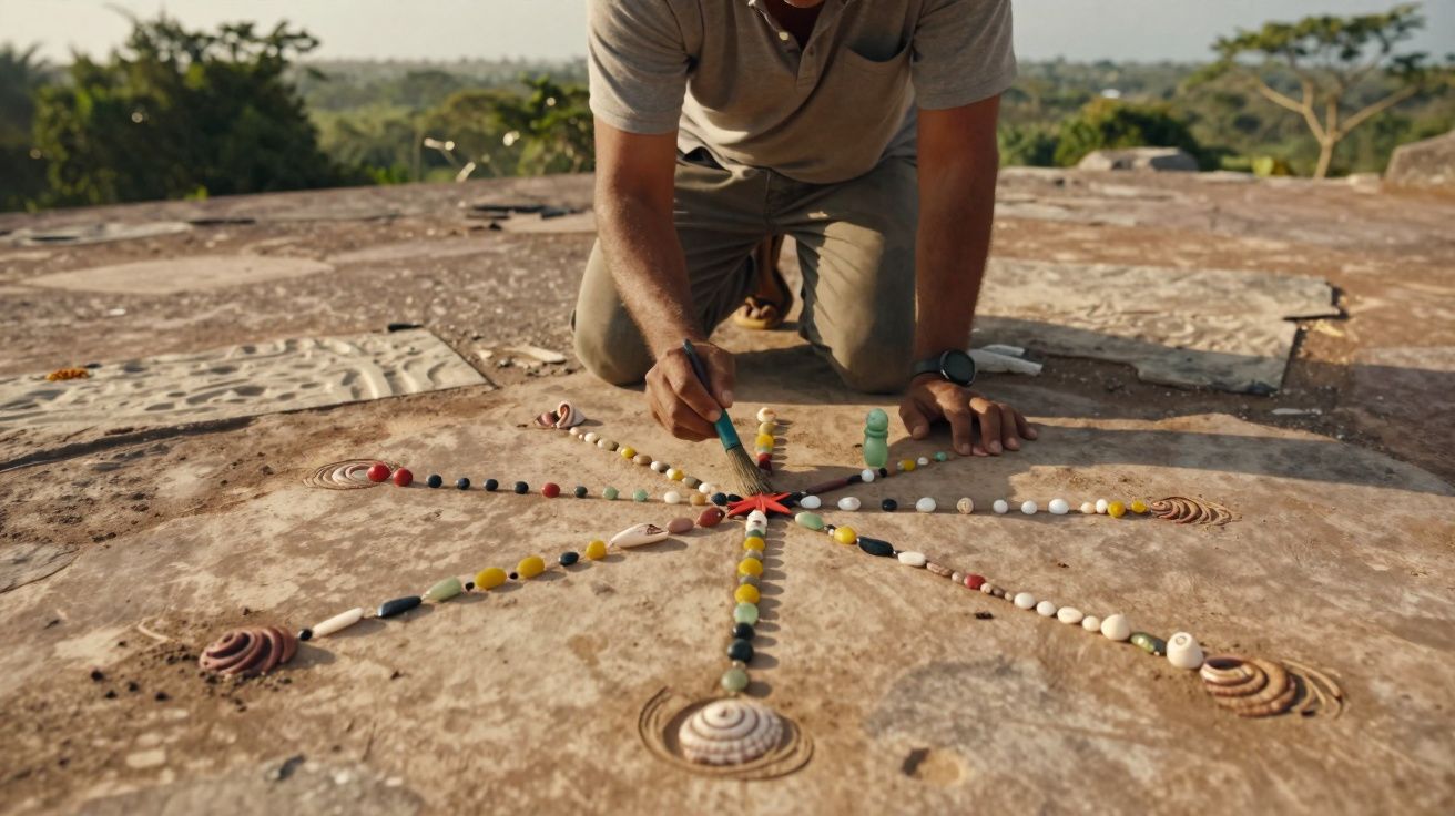 Pessoa ajoelhada decorando pedra grande com linhas de contas coloridas e conchas ao ar livre.