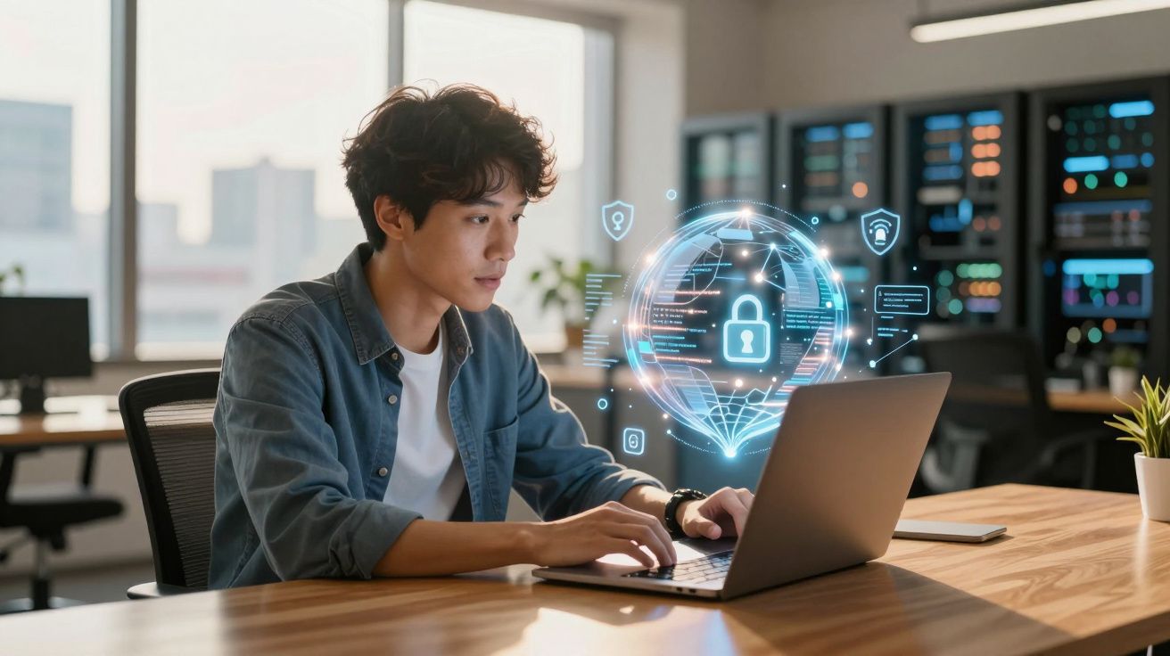 Homem usando laptop em escritório com holograma digital de cadeado simbolizando segurança da informação.