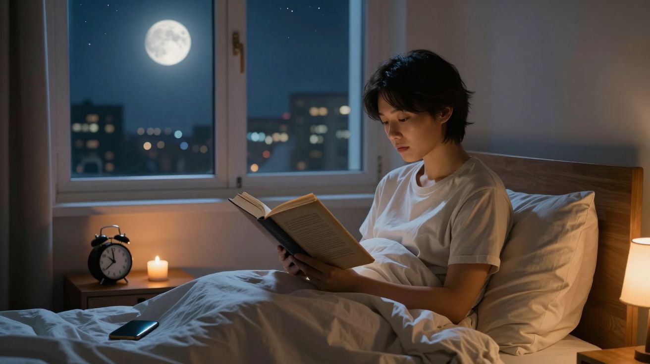Pessoa lendo livro na cama à noite, com lua cheia visível pela janela e iluminação suave no quarto.