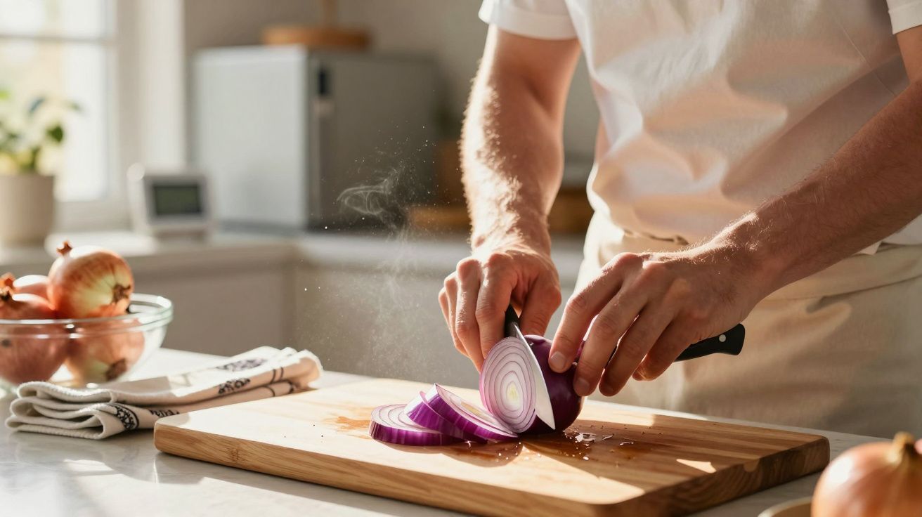 Pessoa cortando cebola roxa em fatias sobre tábua de madeira em cozinha iluminada.