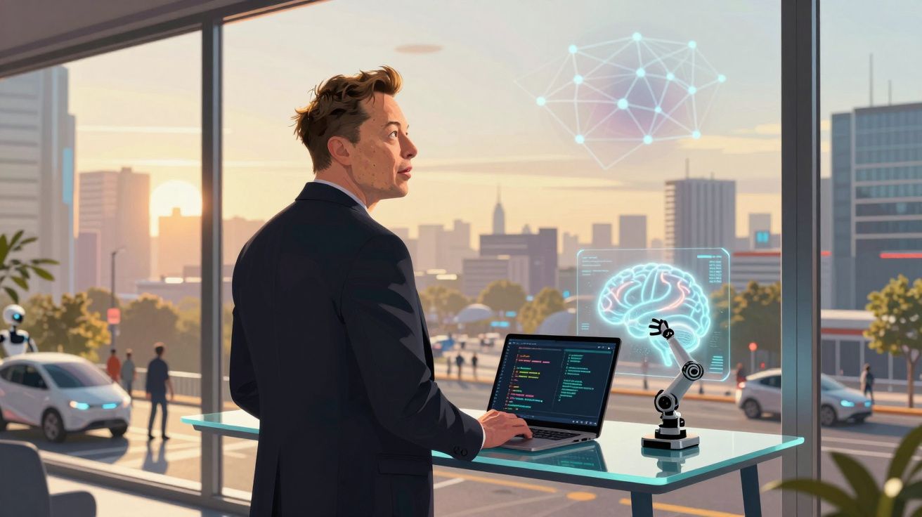 Homem de terno observa cidade ao pôr do sol com laptop e braço robótico projetando cérebro digital.