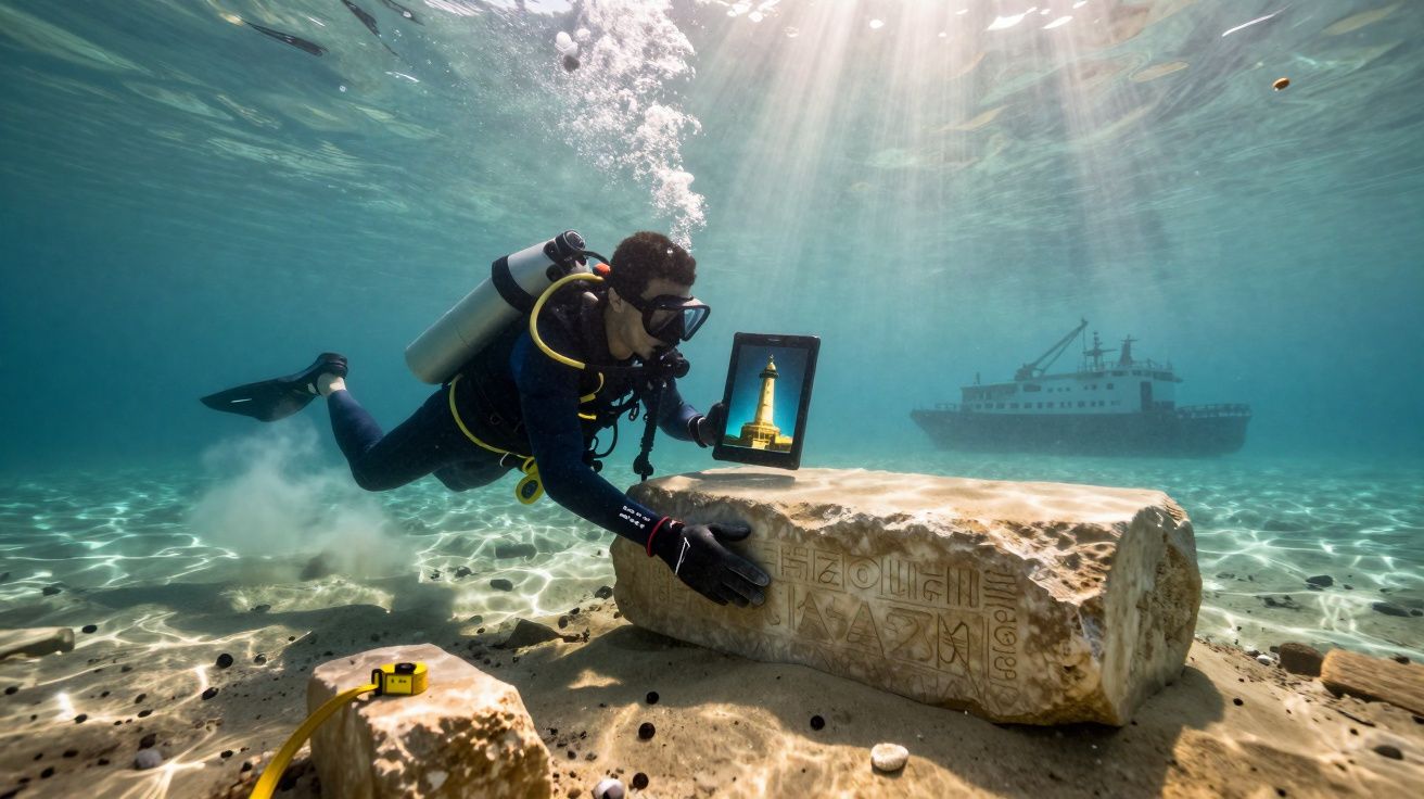 Mergulhador com cilindro observa tablet mostrando farol perto de pedra com inscrições submersa e barco ao fundo.