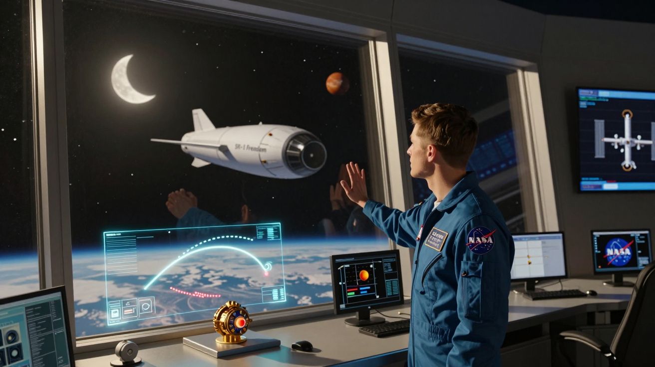 Astronauta observa nave espacial próxima à Terra por janela, com interface digital e planetas no espaço.