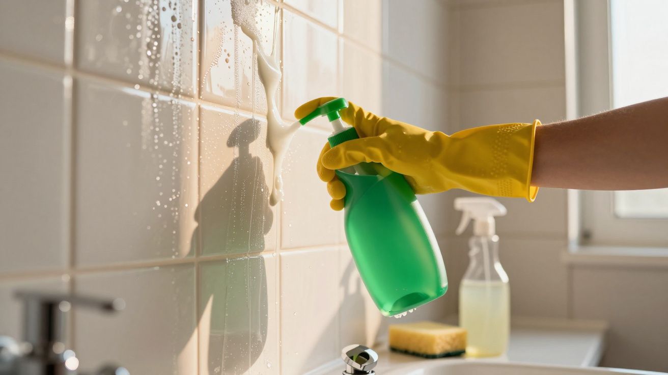 Pessoa com luva amarela aplicando produto de limpeza em azulejos brancos de banheiro.