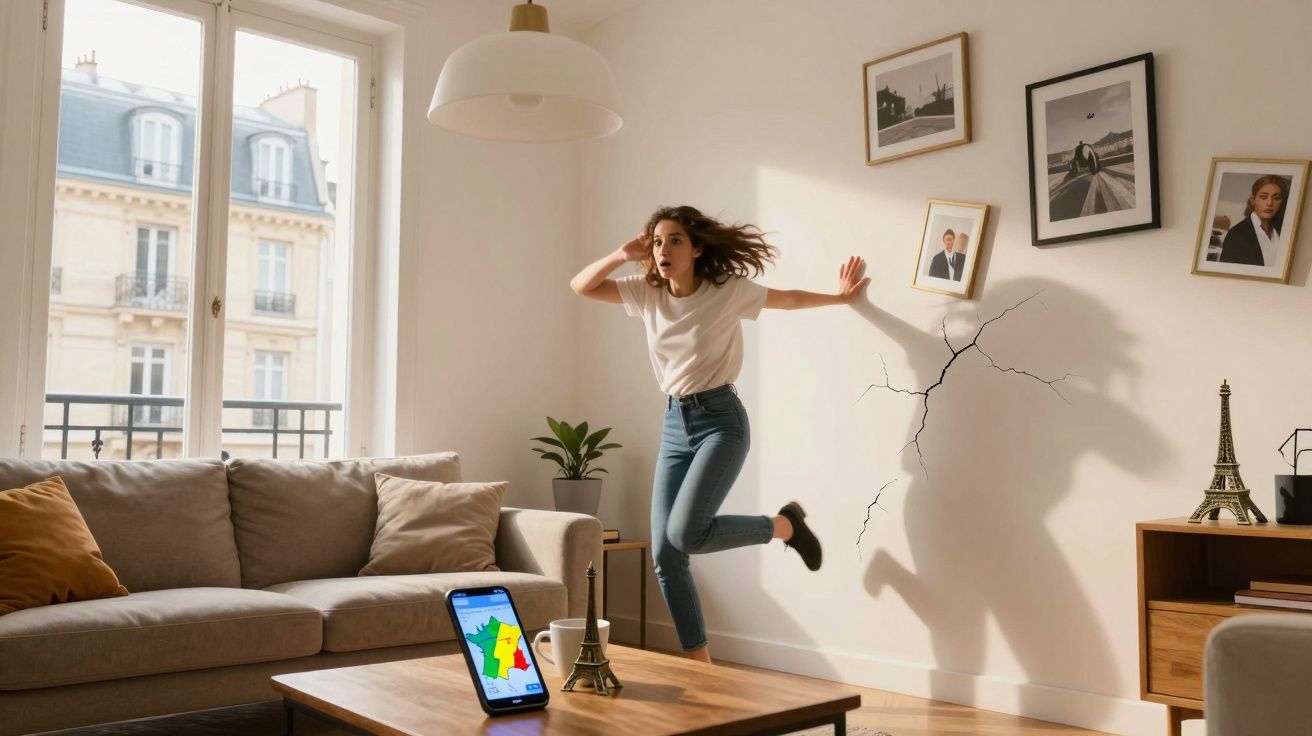 Jovem assustada observa rachadura crescente na parede de sala clara com sofá e varanda ao fundo.