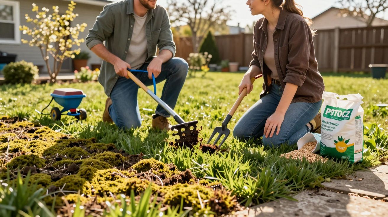 Casal jardineiros preparando solo em área gramada de jardim residencial ensolarado.