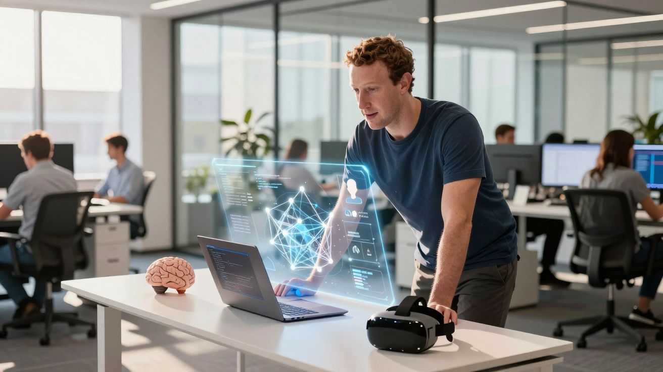 Homem usando laptop com realidade aumentada em escritório moderno com colegas ao fundo.