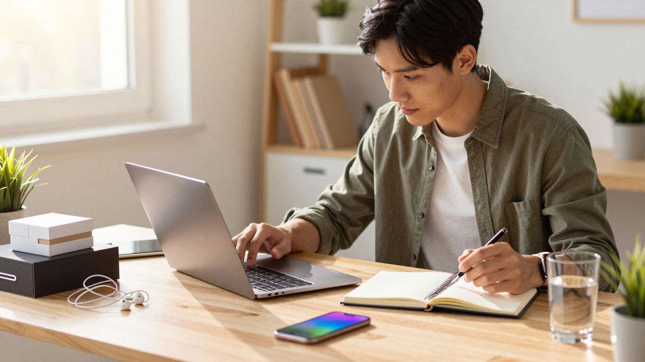 Jovem concentrado trabalhando no laptop e anotando em caderno em escritório com luz natural.