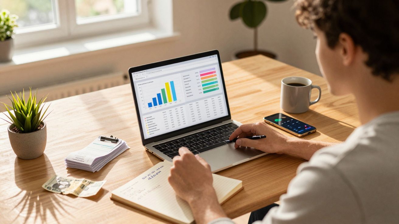 Pessoa trabalhando com gráficos financeiros em laptop, tomando notas, com celular e café na mesa.