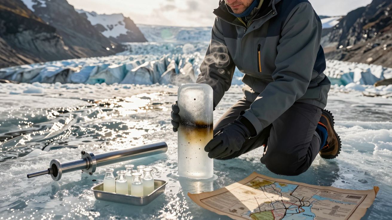 Cientista coleta amostra de gelo em geleira com equipamentos e mapa sobre superfície congelada.