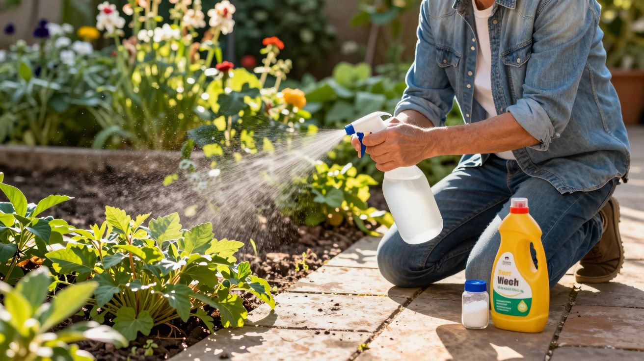Pessoa segurando borrifador e aplicando produto em plantas de jardim florido.