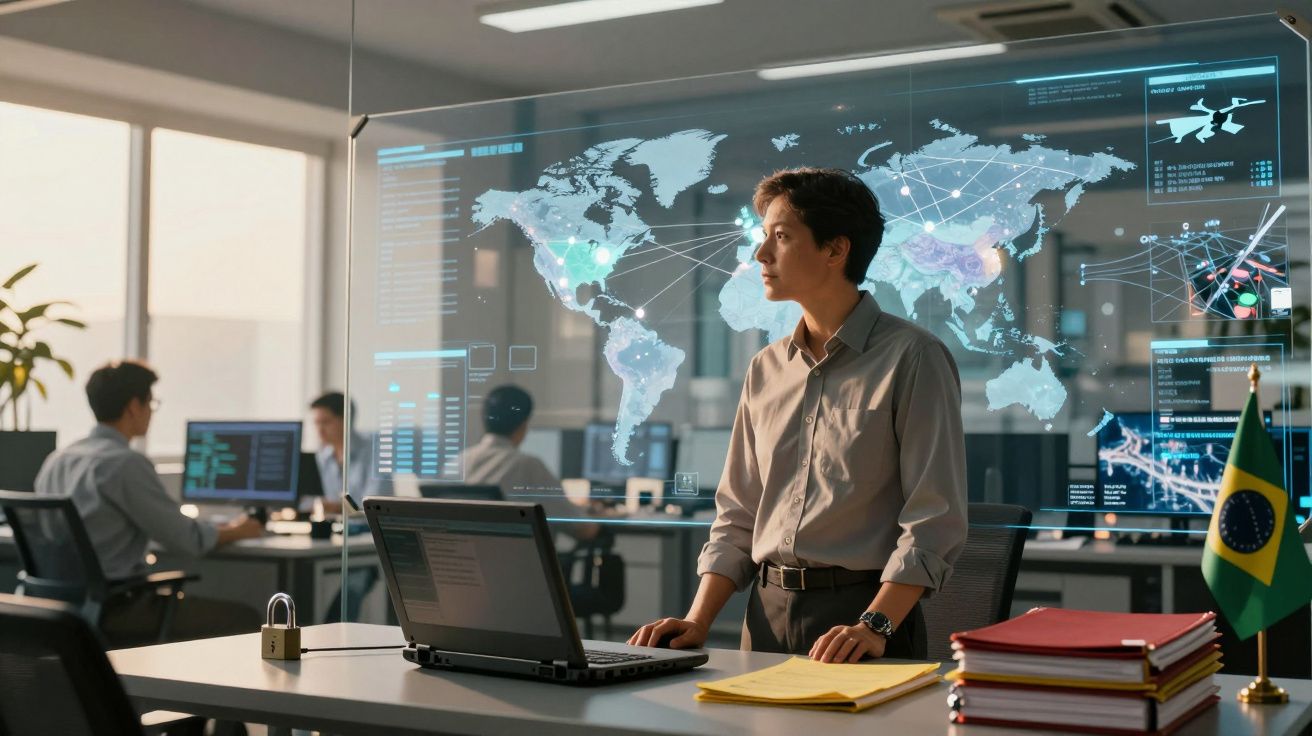 Homem de negócios observando mapa digital de conexões globais em escritório moderno com laptop e bandeira do Brasil.