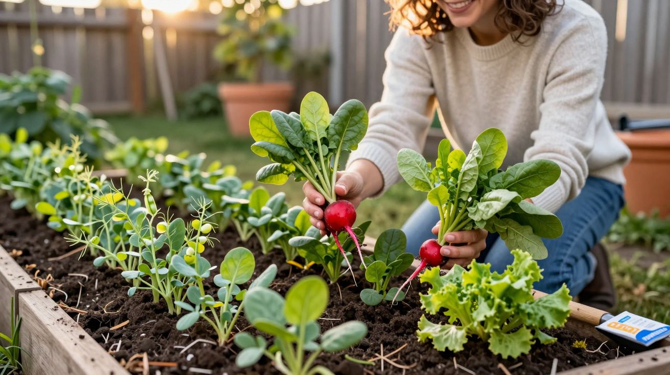 Pessoa colhendo rabanetes frescos em uma horta caseira com diversas plantas verdes ao redor.