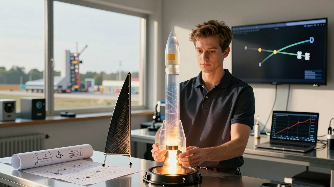 Jovem em laboratório segurando modelo de foguete iluminado, com desenhos técnicos e computador ao fundo.