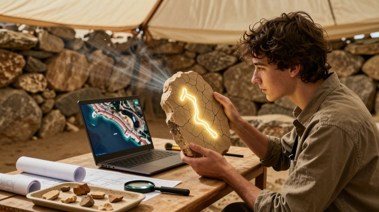 Jovem arqueólogo analisando fragmento de pedra com luzes enquanto estuda mapa em notebook.