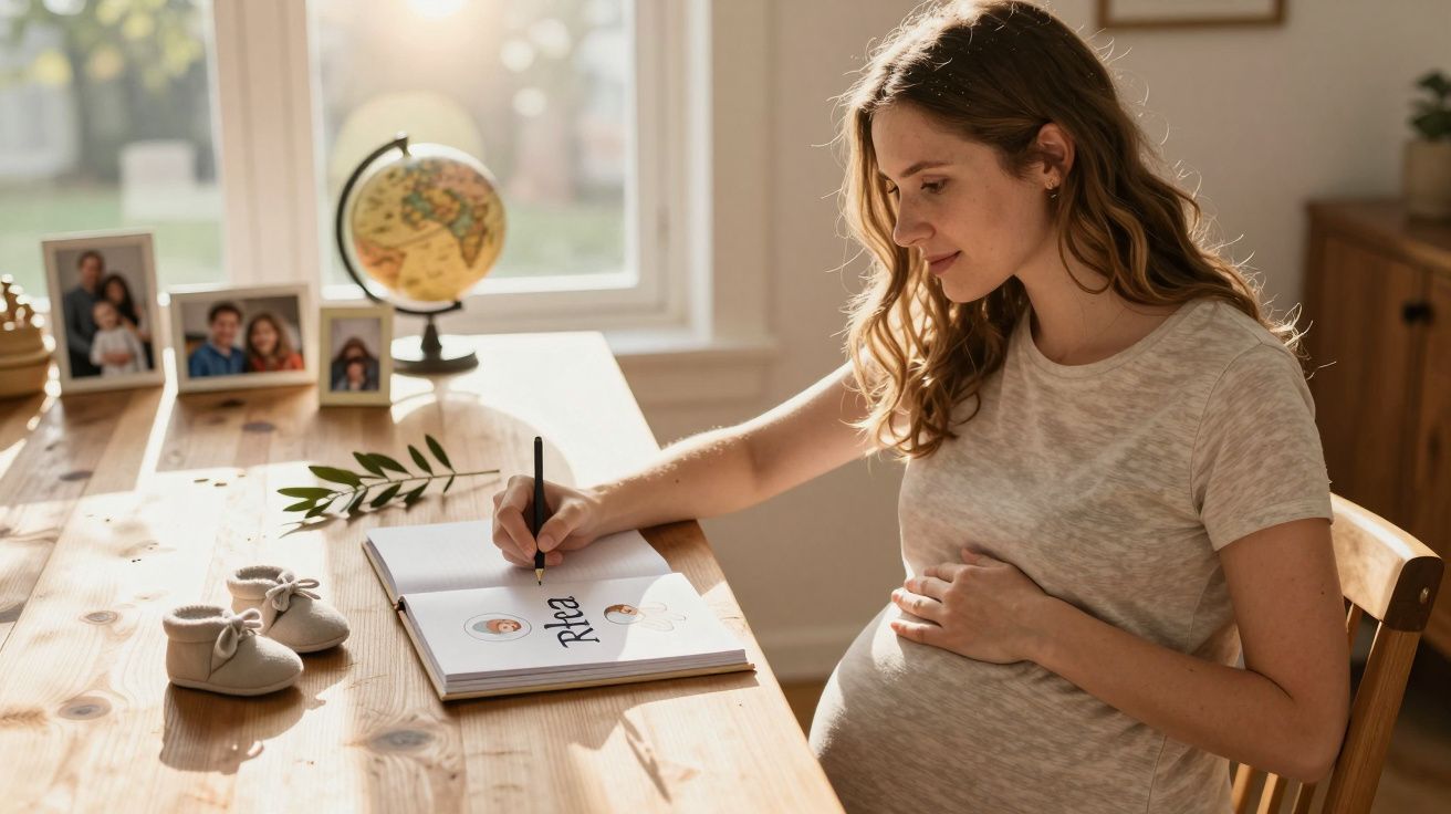 Mulher grávida sentada escrevendo no livro de recordações do bebê em mesa de madeira iluminada.