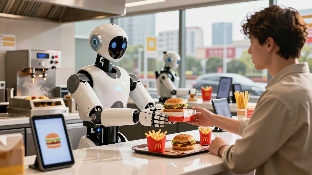 Robô atendendo cliente com hambúrguer e batatas fritas em restaurante moderno.