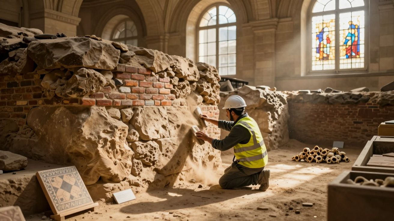 Arqueólogo com colete e capacete escava ruínas antigas dentro de edifício com vitrais.