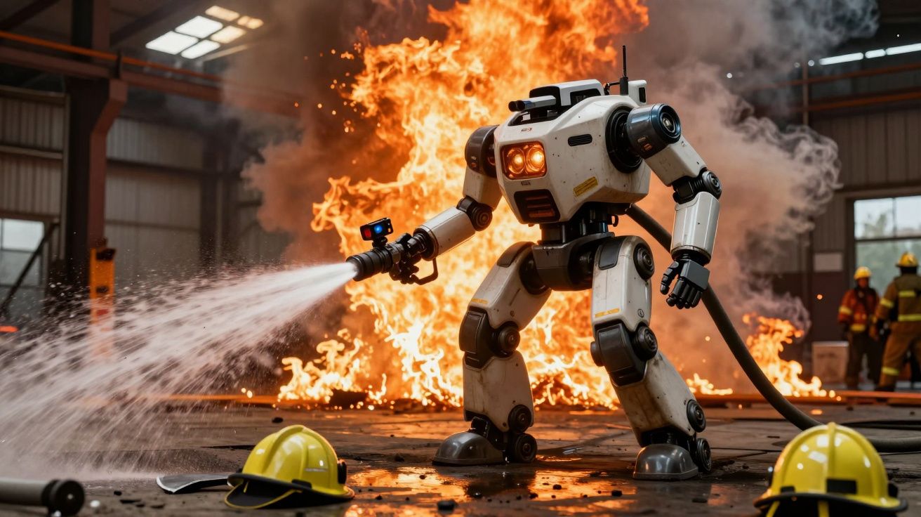 Robô combate incêndio com jato de água em ambiente industrial enquanto bombeiros observam ao fundo.