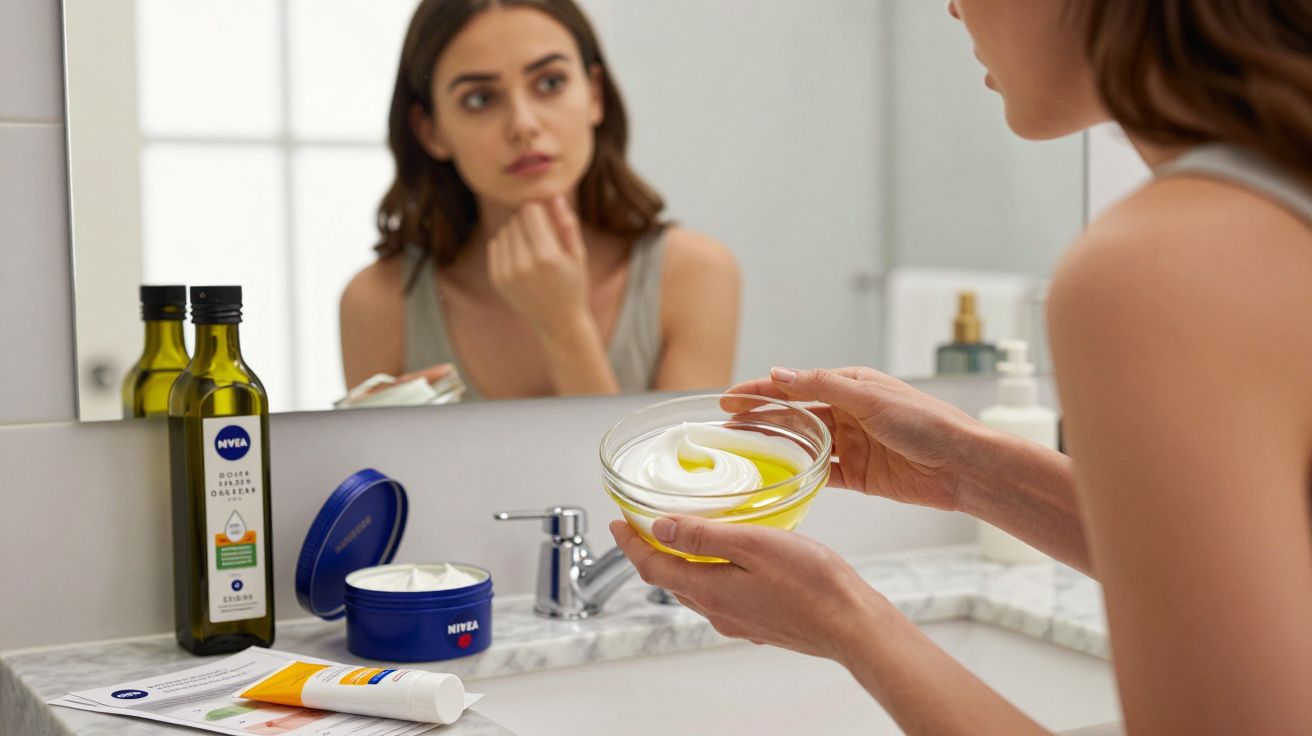 Mulher em banheiro segurando pote com mistura de creme branco e óleo, com espelho e produtos de cuidados na pia.