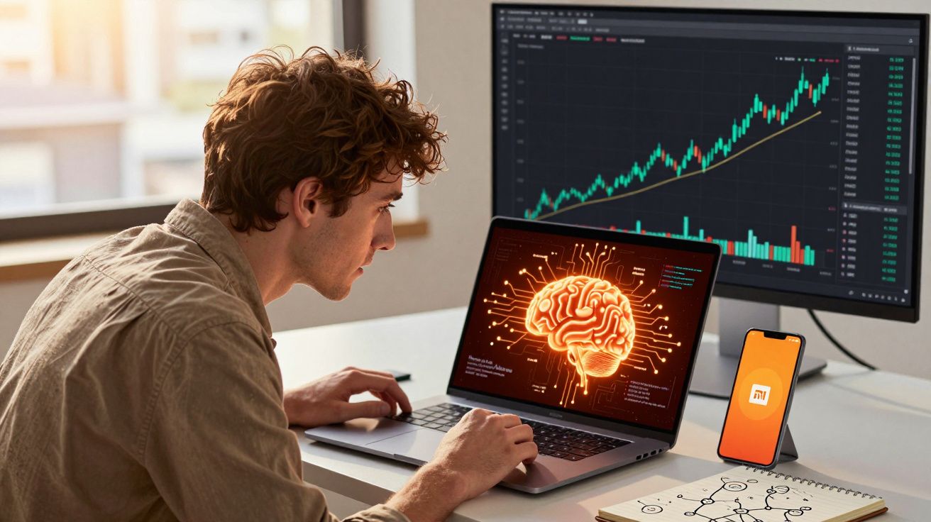 Homem analisando tela de laptop com imagem de cérebro digital e gráfico financeiro na tela maior.