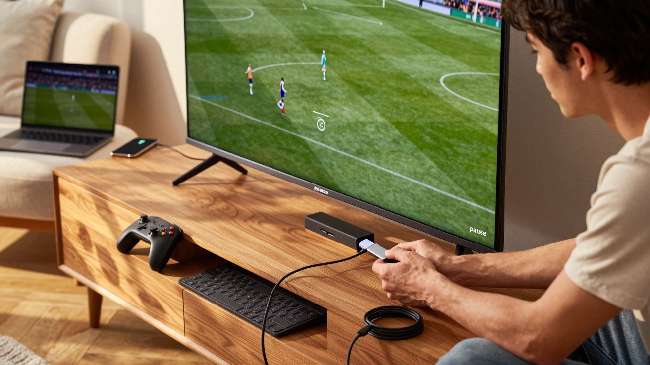 Pessoa conectando cabo em dispositivo para jogar videogame de futebol em TV grande.