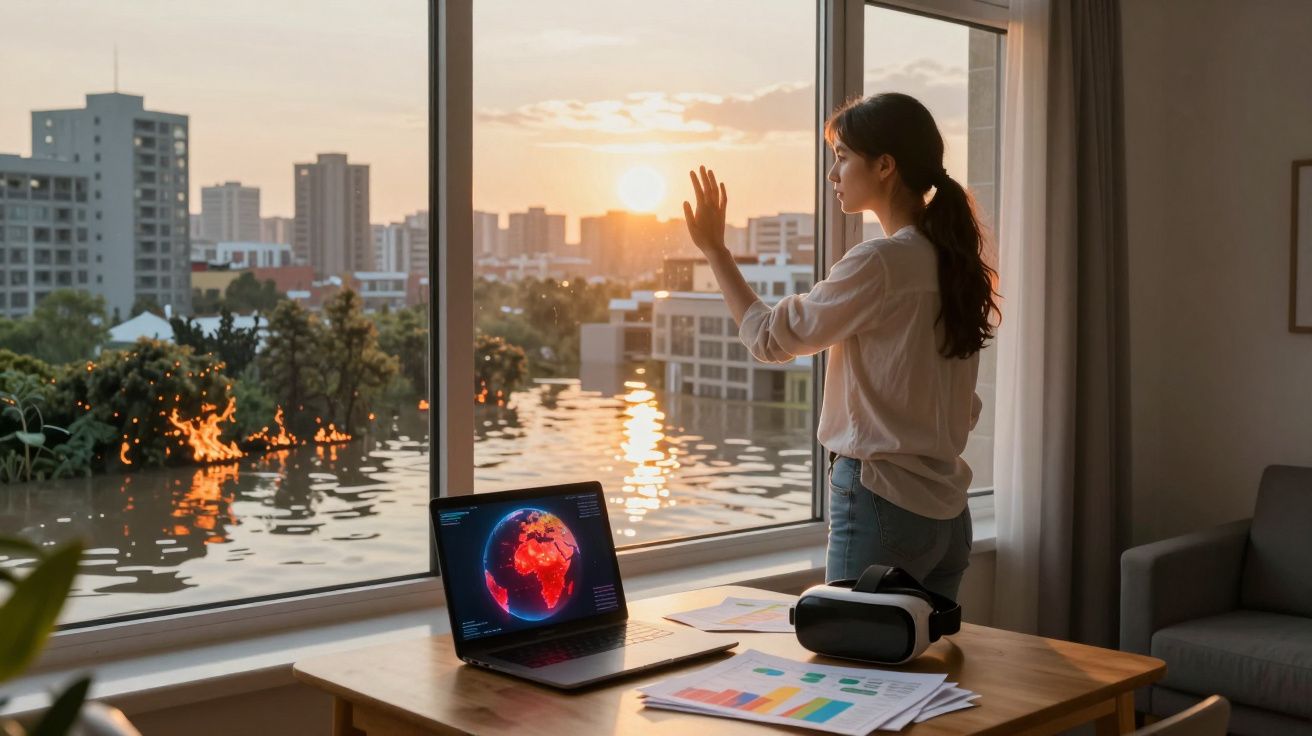 Mulher olhando para o pôr do sol em apartamento com laptop, gráficos e óculos de realidade virtual na mesa.