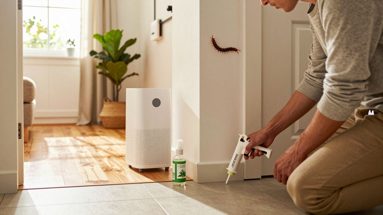 Homem usando aplicador de inseticida para eliminar centopéia na parede de ambiente doméstico.