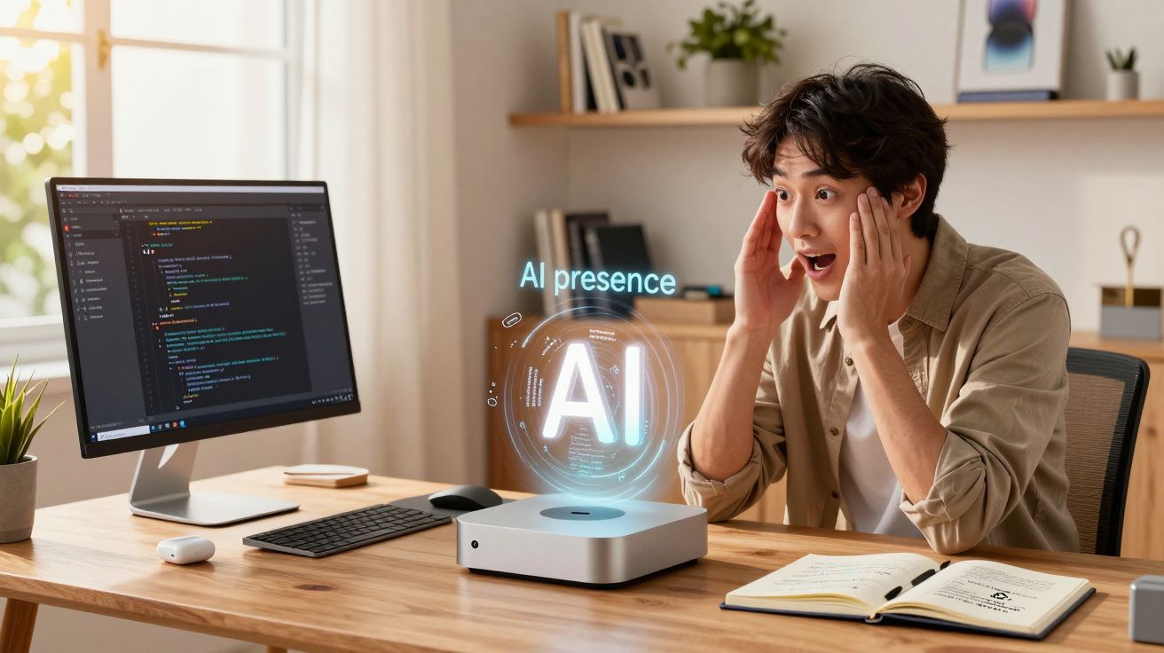 Homem surpreso olhando para dispositivo com holograma de IA na mesa de trabalho com computador e caderno.