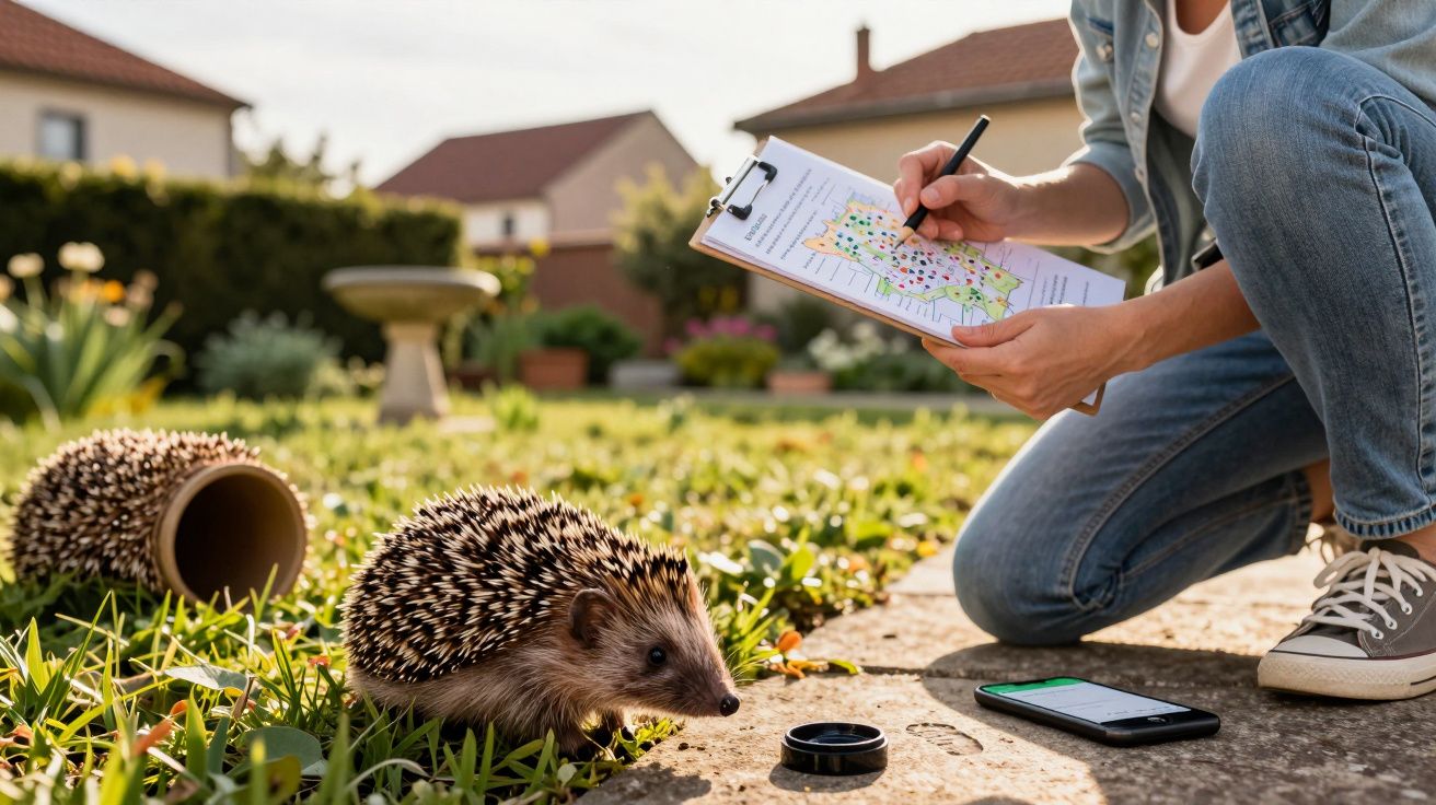 Pessoa anotando observações sobre dois ouriços no jardim ensolarado de uma casa.