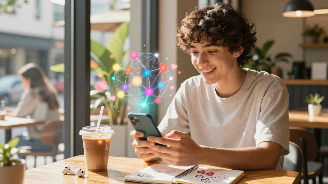 Jovem sorrindo ao usar smartphone em cafeteria, com desenho digital de rede social flutuando acima do aparelho.