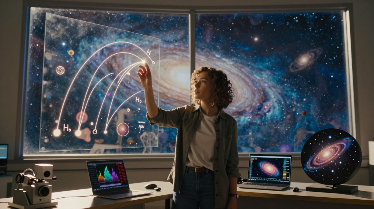 Mulher em laboratório interage com tela holográfica mostrando gráficos espaciais e galáxias ao fundo.