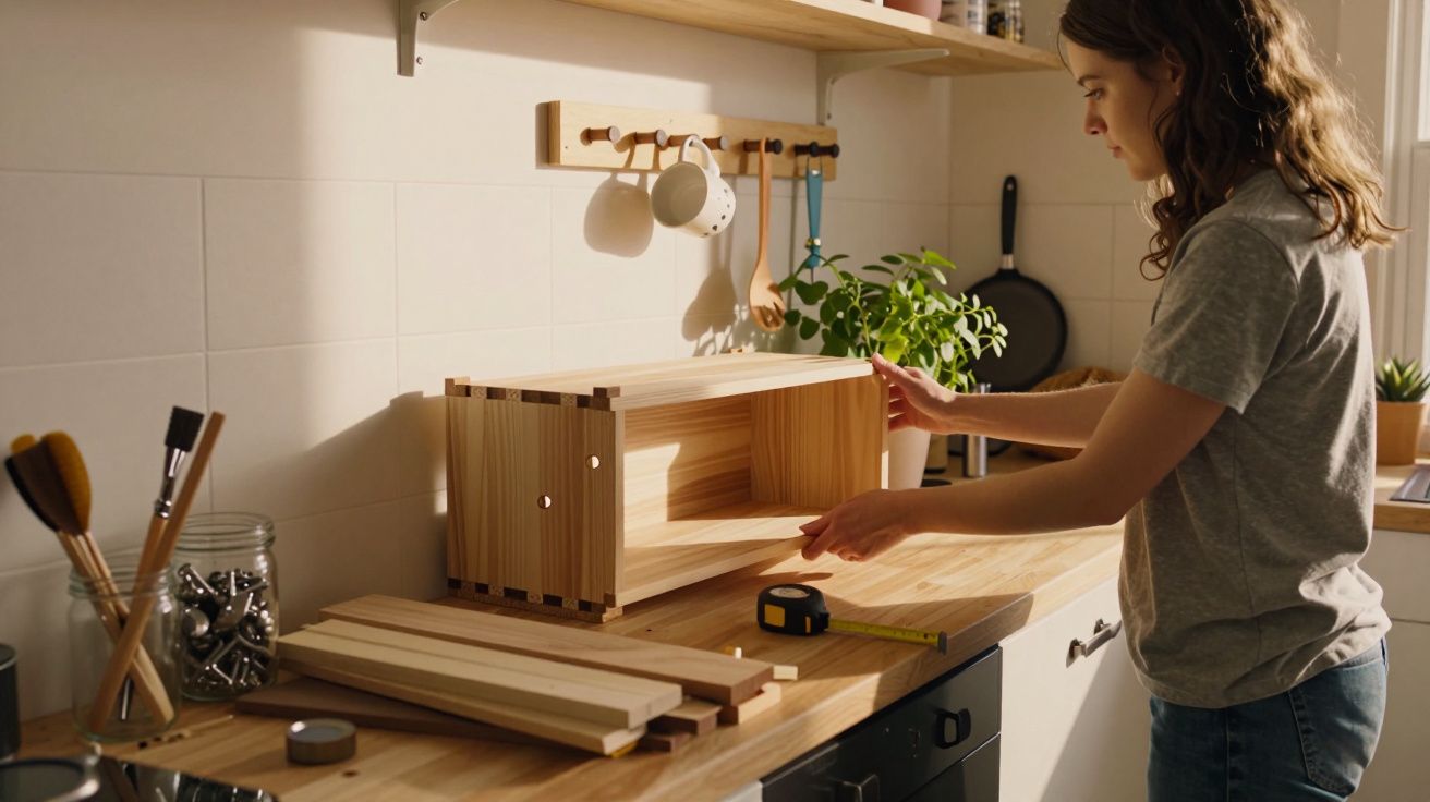 Mulher montando caixa de madeira em bancada de cozinha iluminada pelo sol.