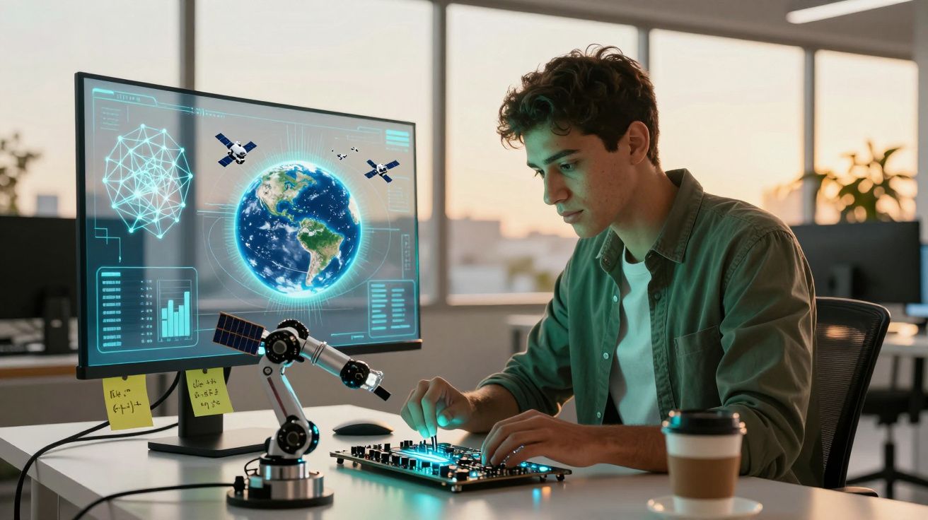 Jovem monta circuito eletrônico em mesa com robô e tela exibindo globo terrestre e satélites.