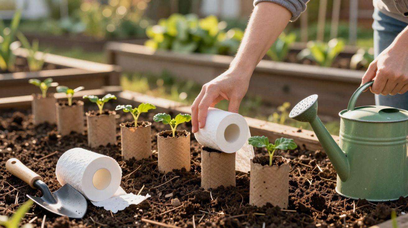 Pessoa plantando mudas em embalagens feitas com papel higiênico em um jardim com regador verde.