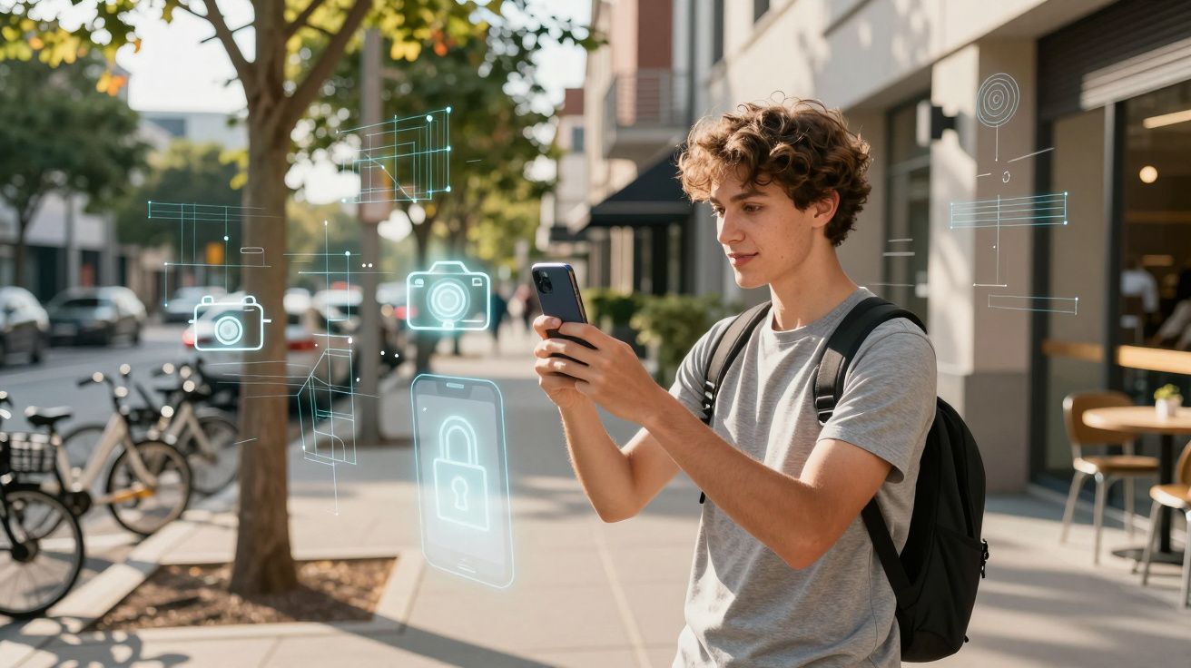 Jovem usando smartphone na rua com ícones digitais de segurança e câmera ao redor.