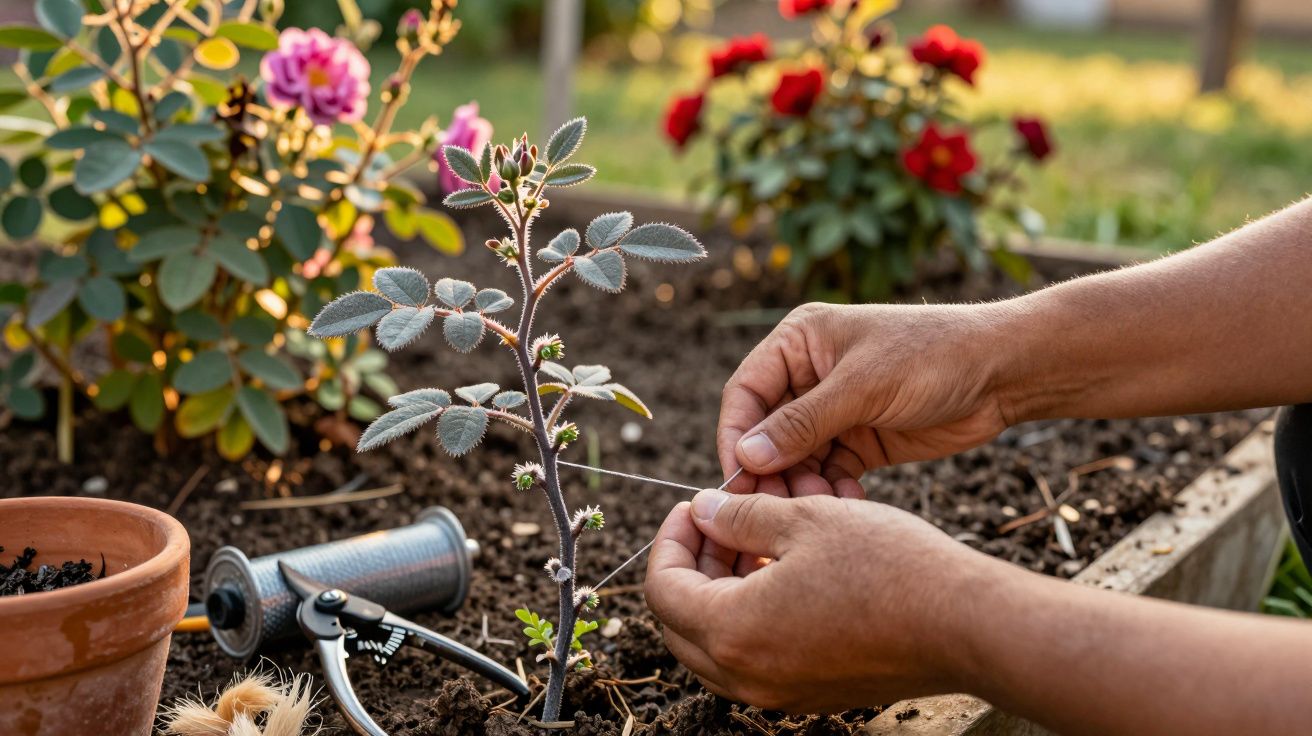 Mãos amarrando planta jovem com barbante em canteiro de jardim com flores ao fundo.