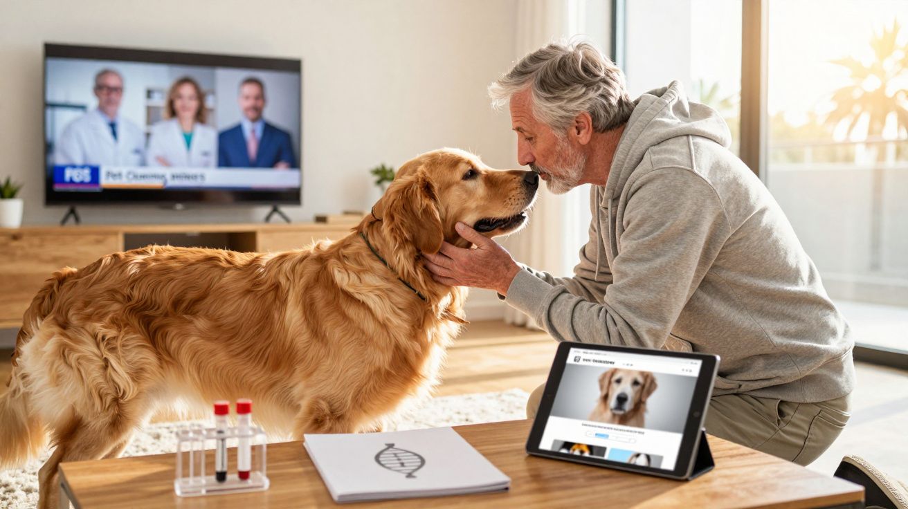 Homem idoso acaricia cachorro golden retriever em sala com tablet e TV exibindo veterinários ao fundo.