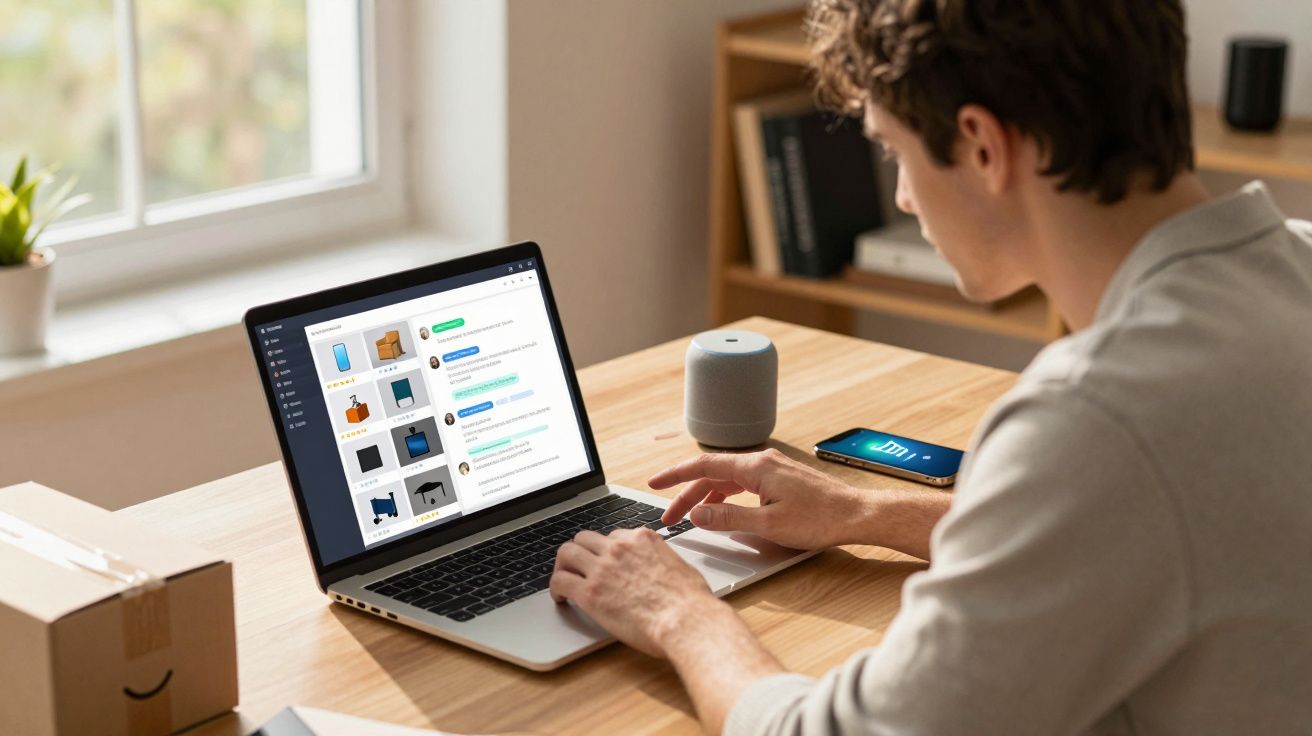 Homem usando laptop em mesa com celular e caixa de papelão ao lado perto de janela iluminada.