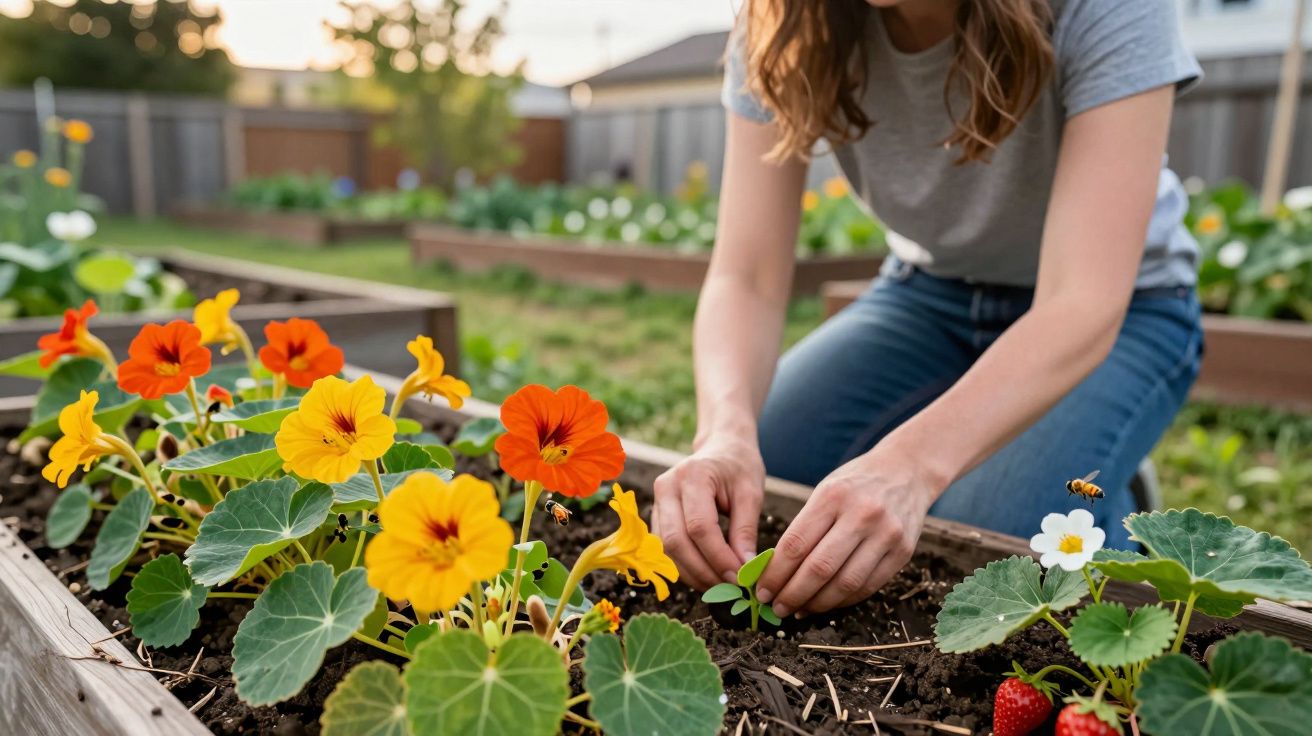 Mulher cuidando de plantas em canteiro com flores coloridas em um jardim ao ar livre.