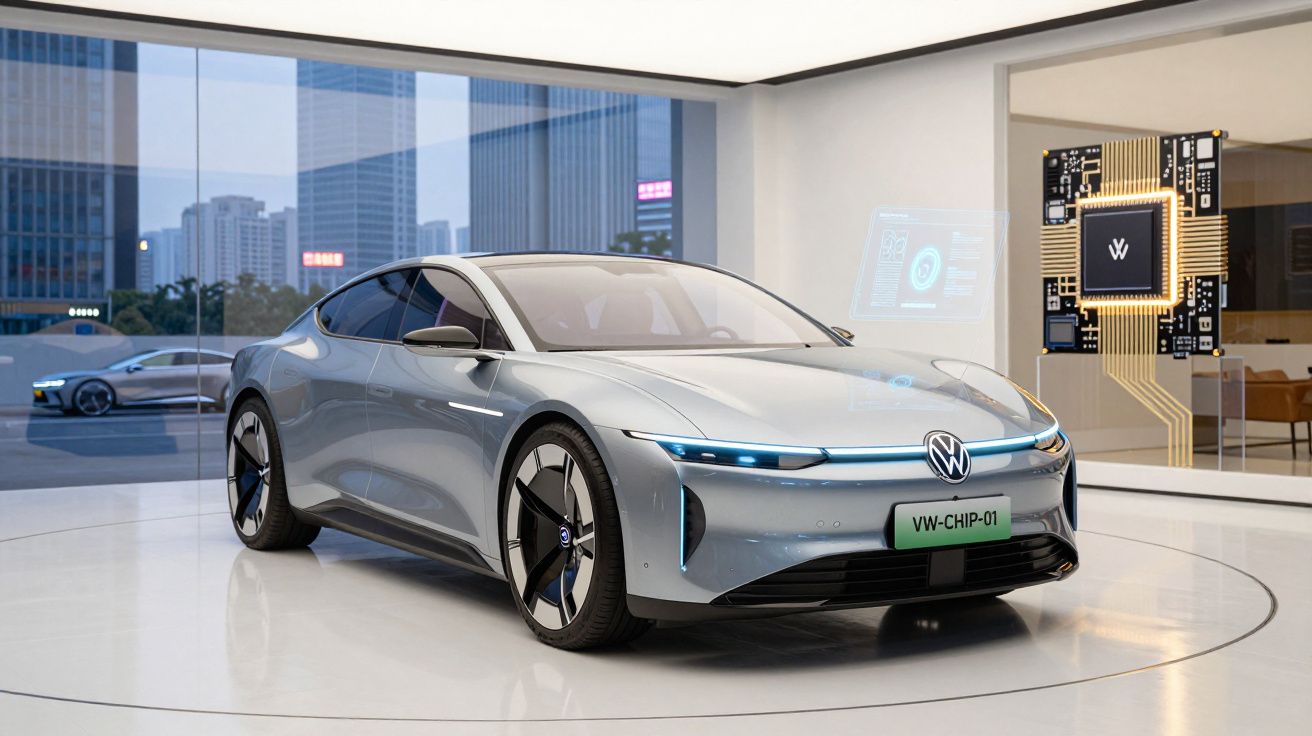 Carro elétrico prata futurista exposto em showroom moderno com painel digital e chip tecnológico ao fundo.
