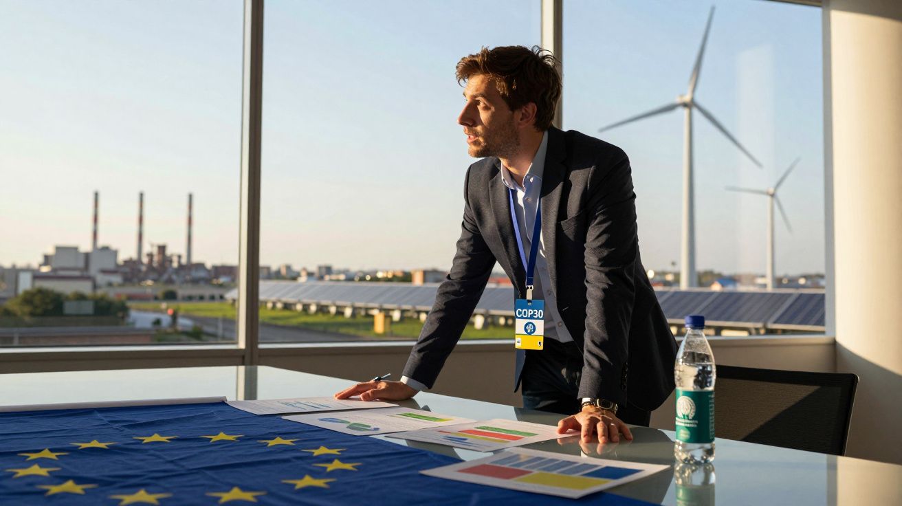 Homem de terno analisa gráficos em mesa com bandeira da UE, com turbinas eólicas ao fundo.