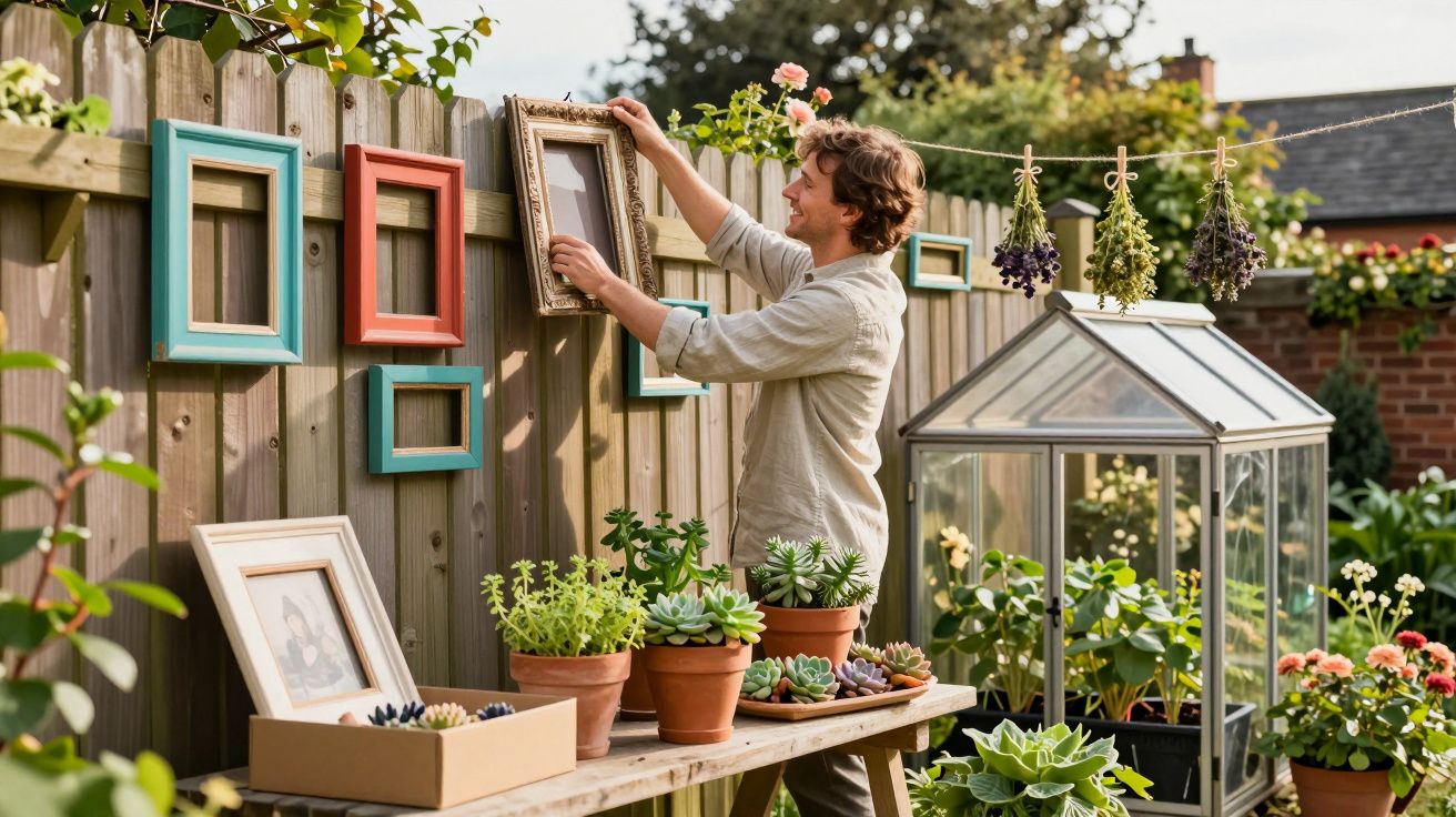Homem pendura molduras em uma cerca de madeira em um jardim com plantas e flores ao redor.