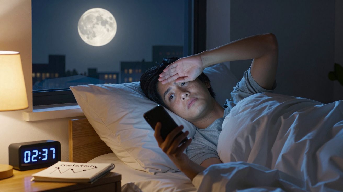 Homem deitado na cama olhando o celular às 2h37 da madrugada com lua cheia visível pela janela.