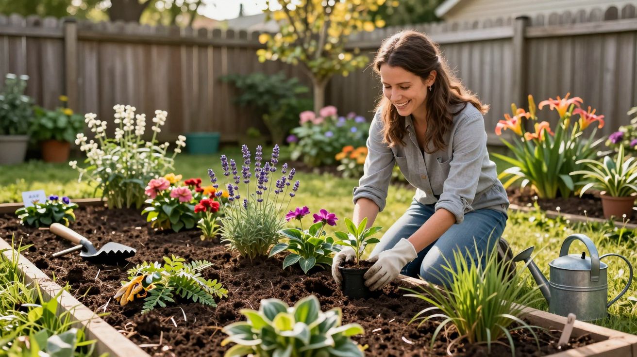 Mulher sorridente plantando flores em canteiro de jardim com regador e ferramentas ao redor.