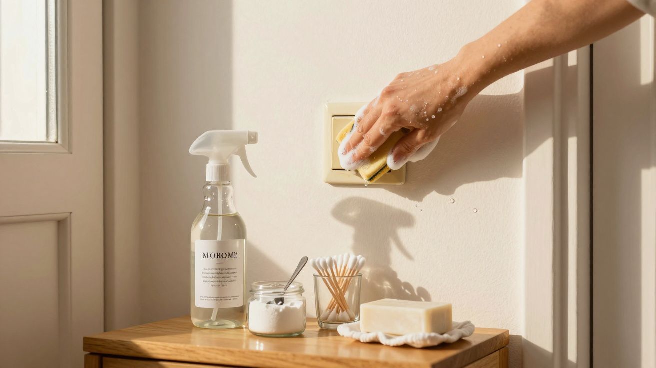 Mão limpando interruptor com esponja úmida e itens de limpeza sobre mesa de madeira.