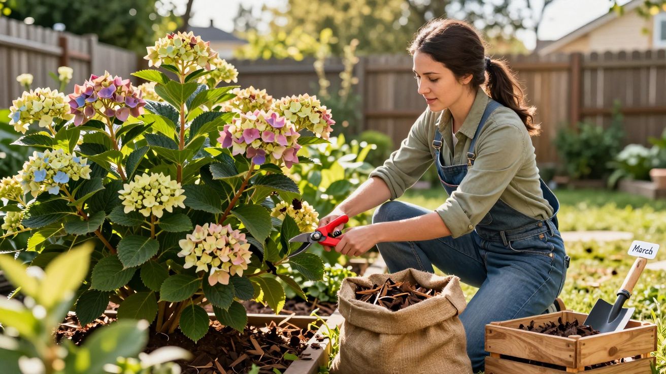Mulher podando flores coloridas em um jardim ensolarado, com saco e caixa de mudas ao lado.