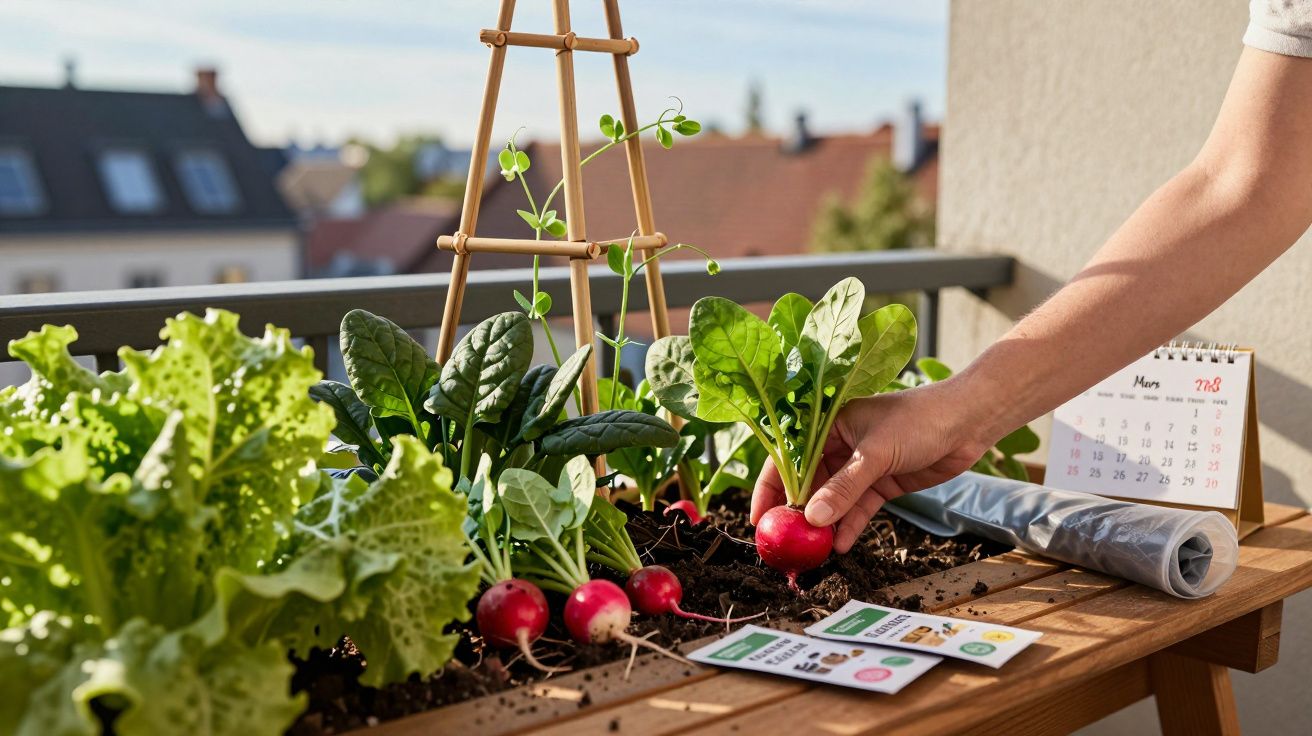 Pessoa colhendo rabanete em horta urbana com alface e calendário em uma varanda ensolarada